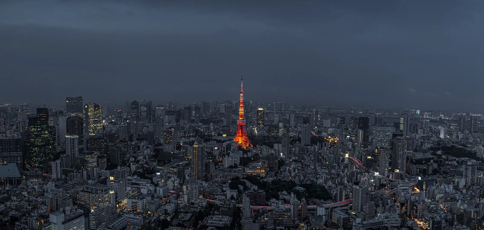 A view of the Tokyo skyline at night with the Tokyo Tower lit up.