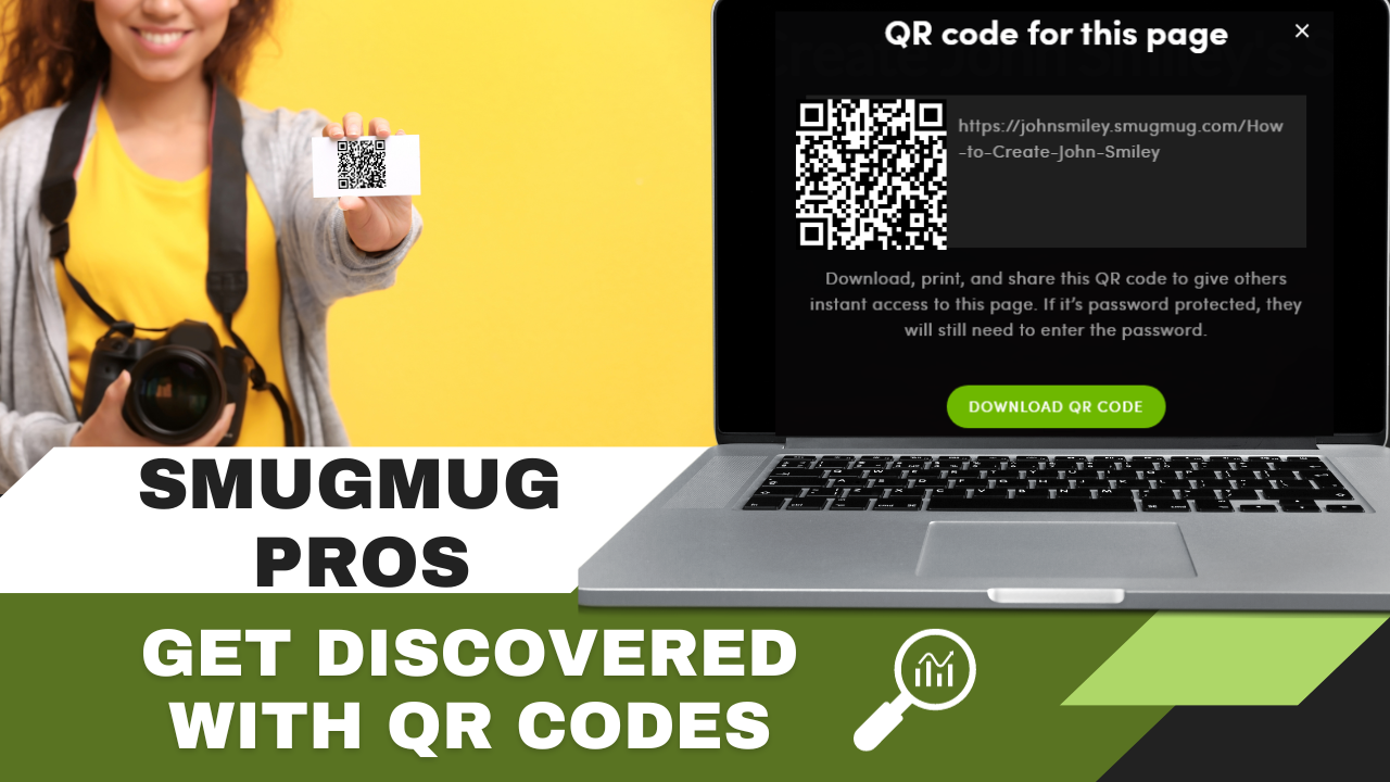 Cropped photo of a smiling woman holding a camera and a card with a QR code on it.