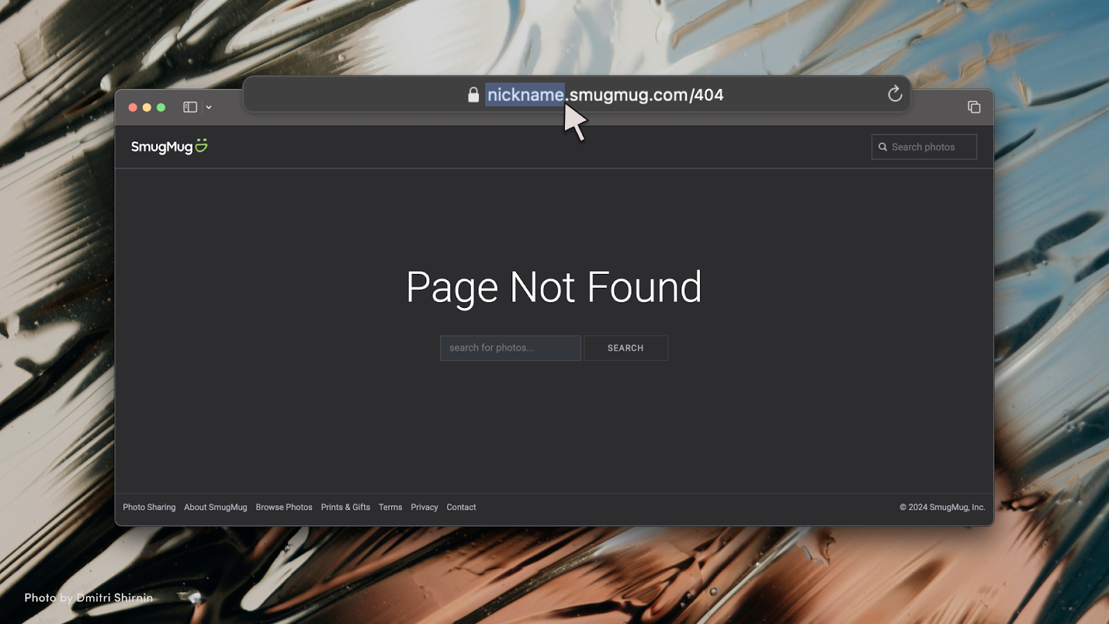 Page Not Found screen with a SmugMug URL highlighted.