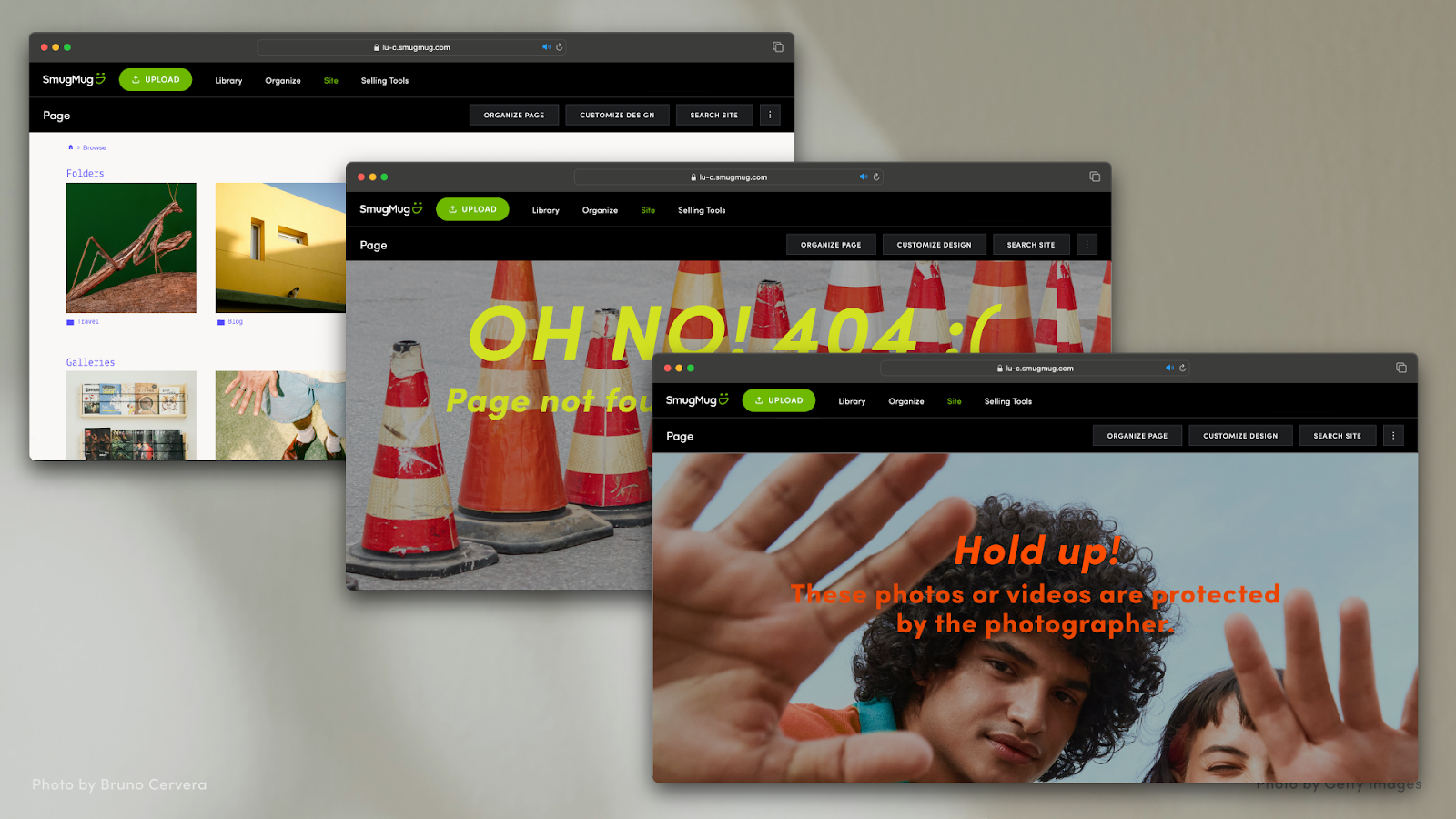 An assortment of custom SmugMug site pages.