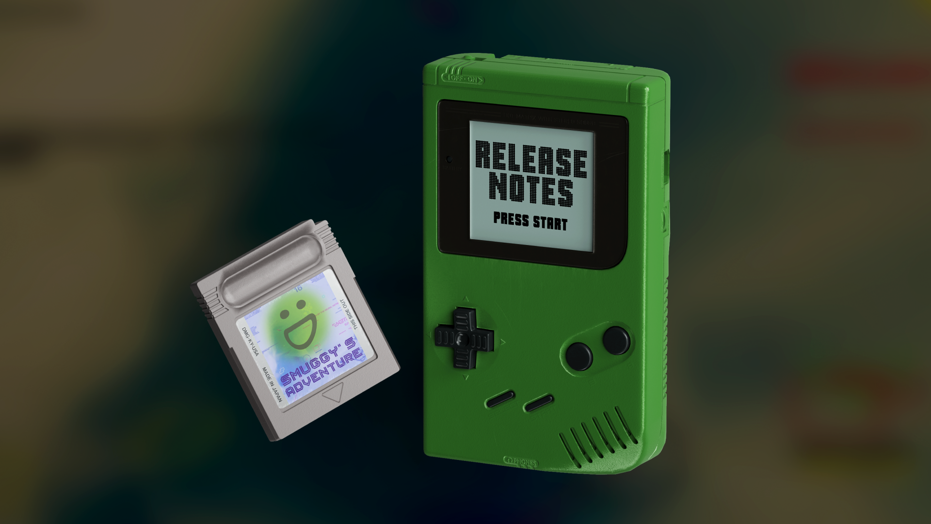 A green handheld game unit with a game cartridge on the side. 