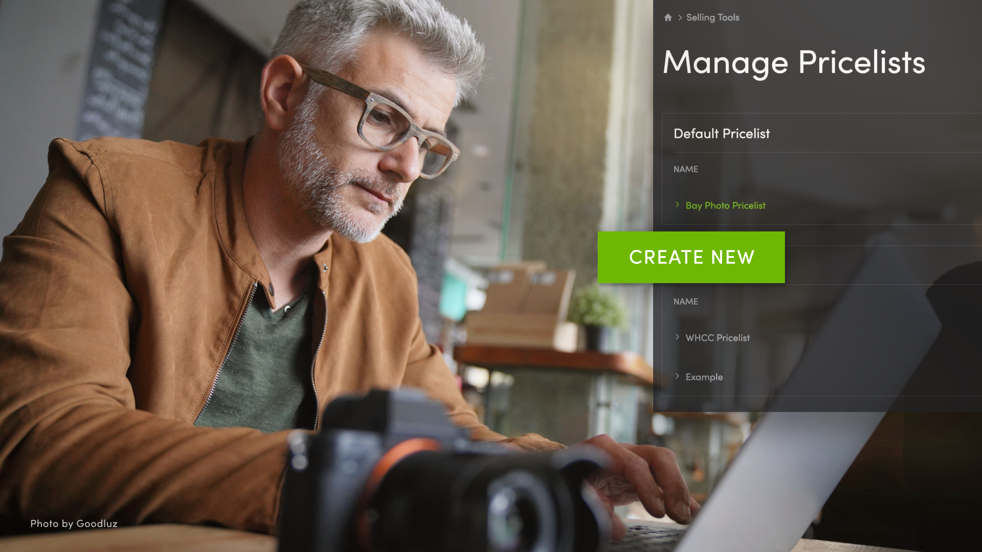 Man working on laptop with a camera in the foreground. Overlay text on the photo says, "Manage Pricelists".